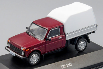 Lada ВИС-2346 бортовой с тентом 4х4, вишневый/серый. На подиуме (1/43)
